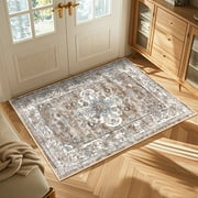 MeyJey 3'x5' Area Rug for Living Room Non-Slip Machine Washable Rugs Vintage Indoor Carpet Distressed Foldable Large Rug for Living Room Bedroom Dining Kitchen Hallway Nursery, Brown